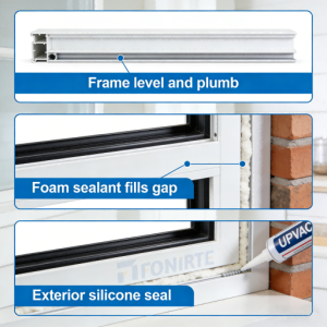 Professional installer using a laser level on a FONIRTE UPVC window frame.